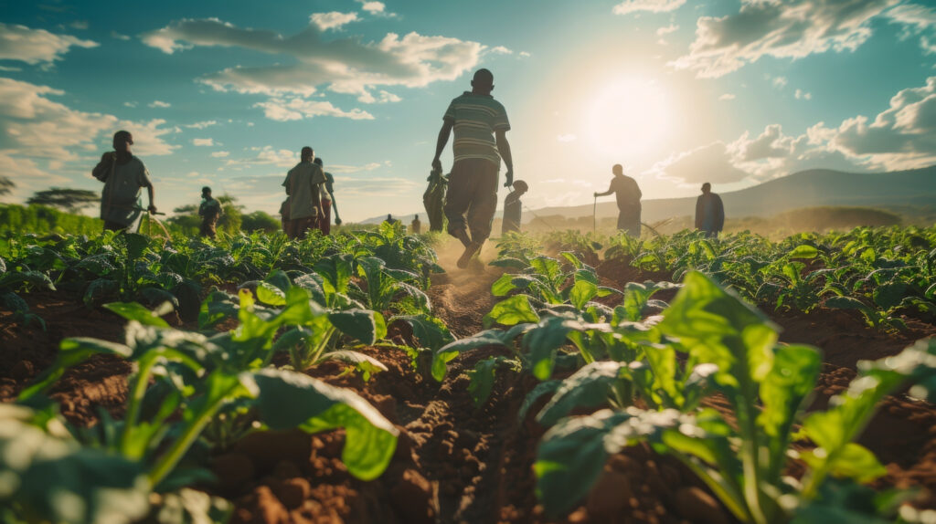 Trabajadores cosechando en un campo